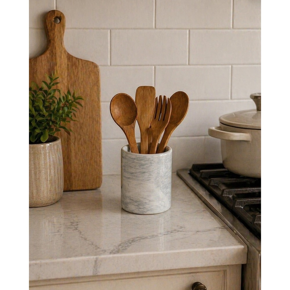 Marble Kitchen Utensil Holder Counter Organizer Carrara Style Solid Heavy